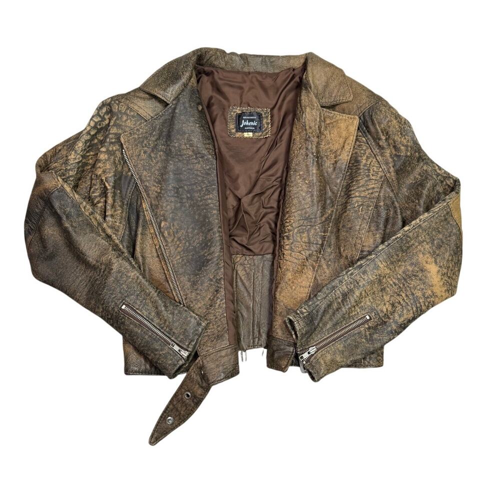 Johenic Vintage Distressed Leather Jacket L Brown Cropped Belted Moto Biker Coat